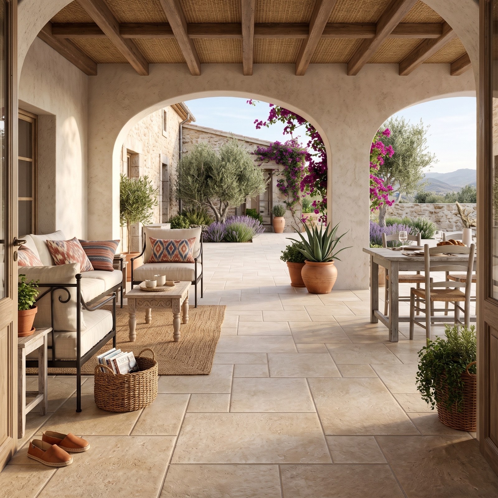 Tuscania French Matt Beige French Pattern matt porcelain tile, installed in a room
