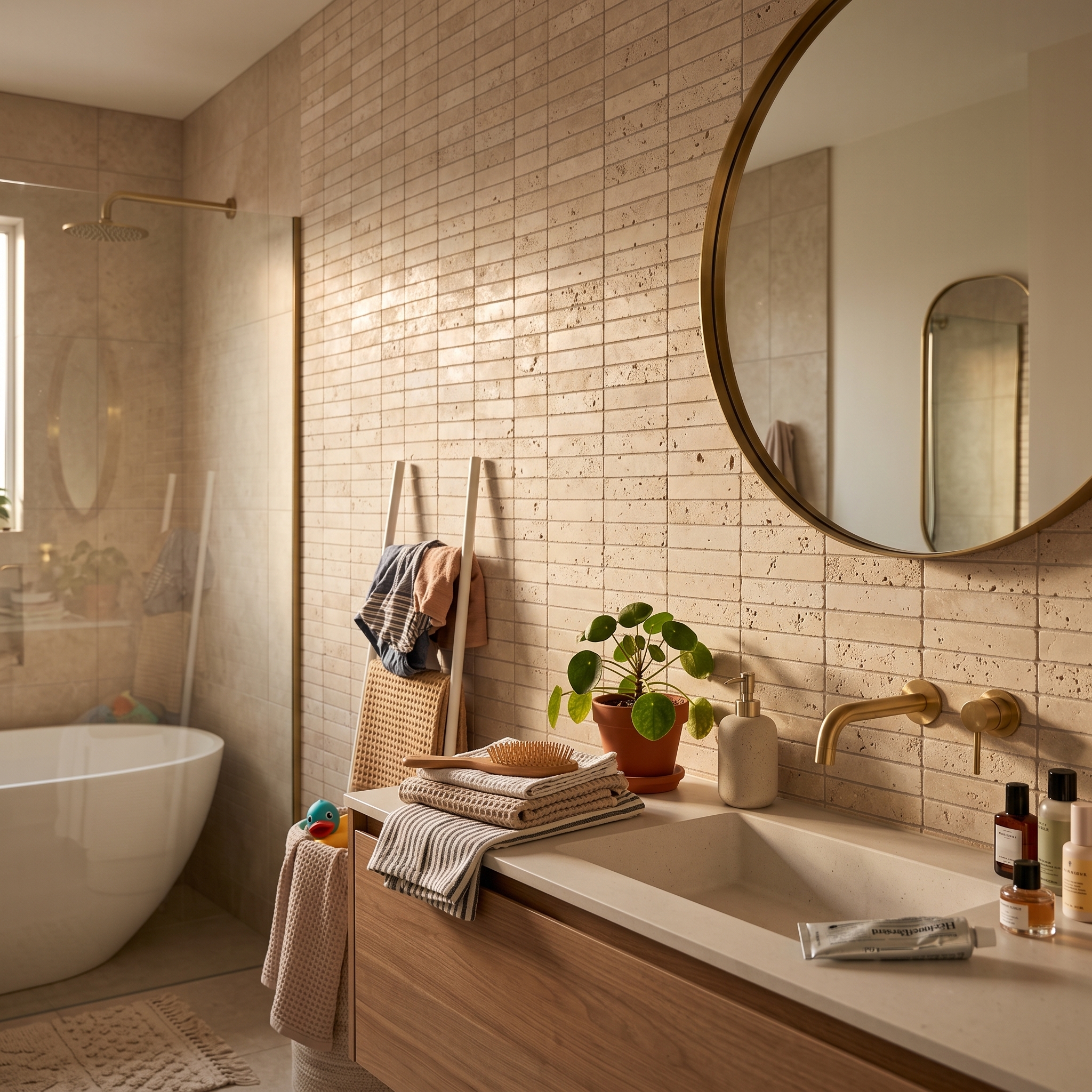 Montalcino Rettangolo Beige Travertine tumbled natural stone tile, installed in a room