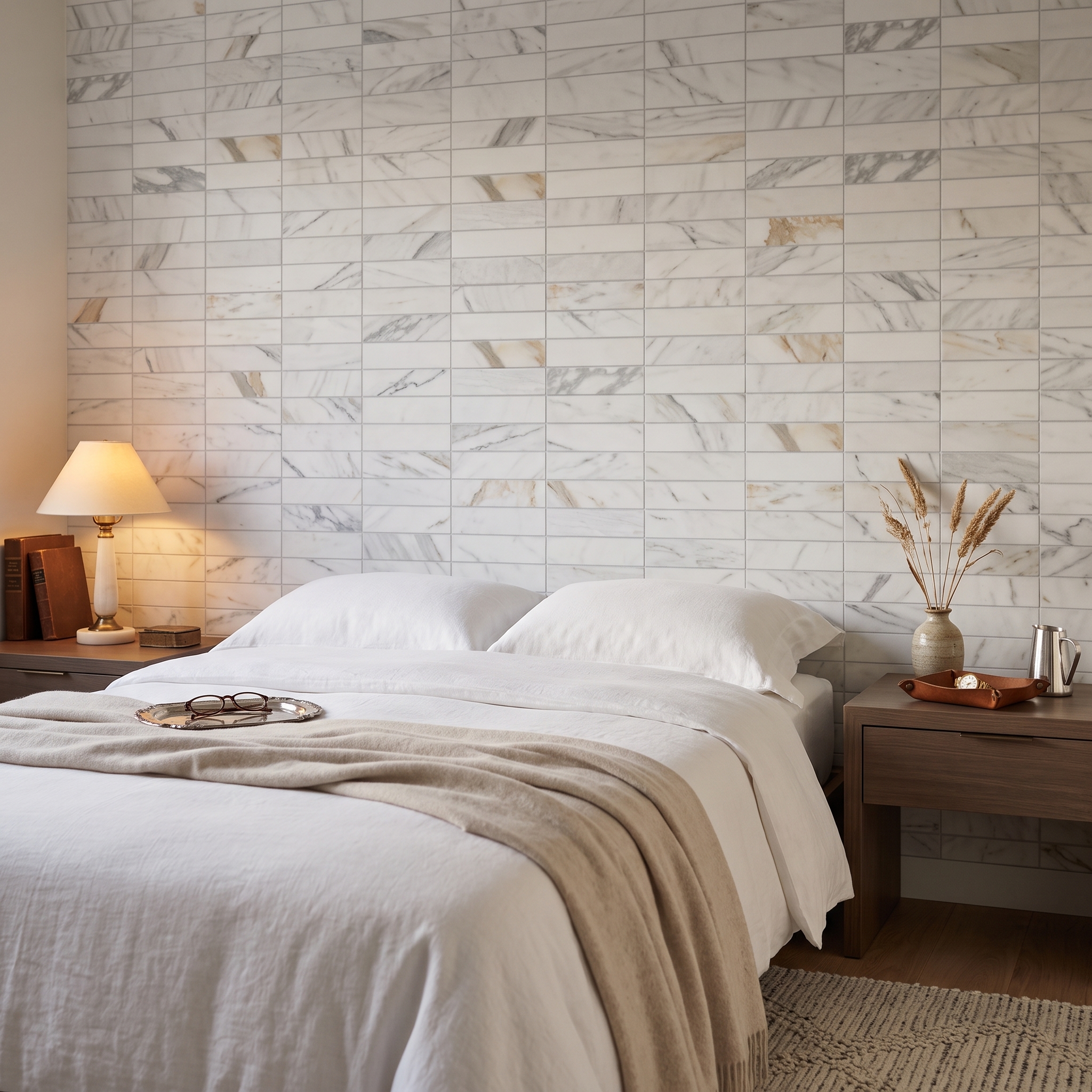 Montalcino Rettangolo Calacatta Gold tumbled natural stone tile, installed in a room