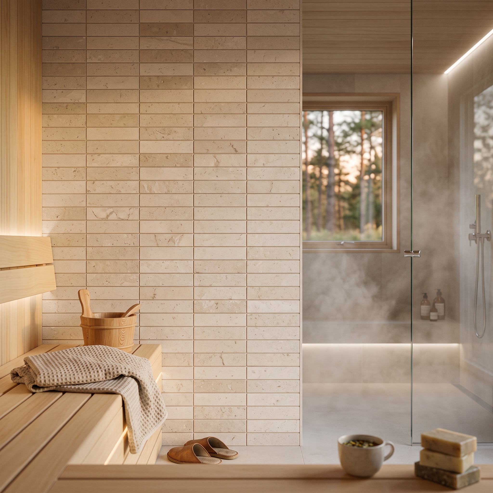 Montalcino Rettangolo White Limestone tumbled natural stone tile, installed in a room
