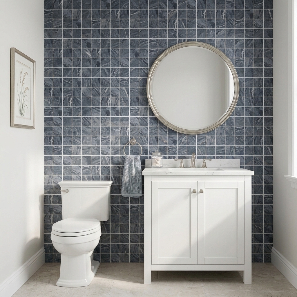 Hakkari Natural Stone Tile Black honed marble tile, installed in a room