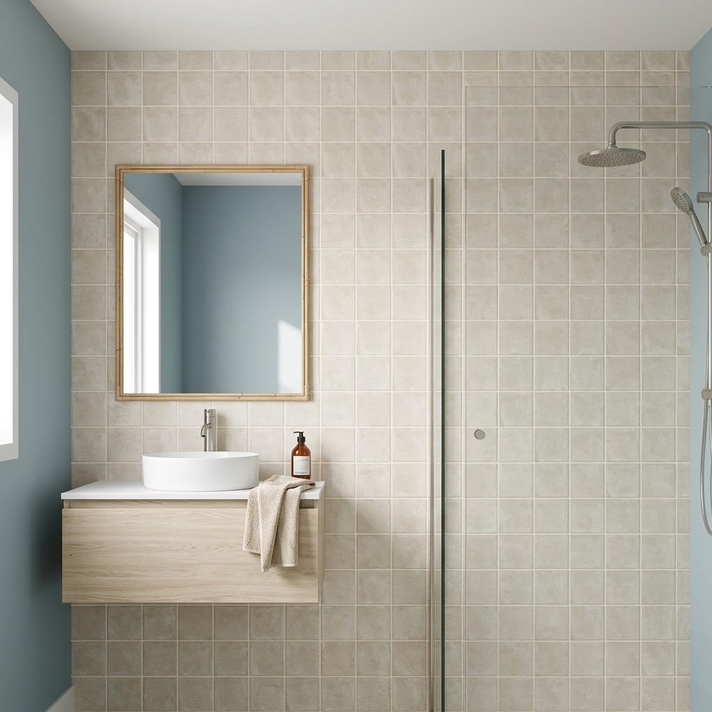 Antico Designer Almond matt porcelain tile, installed in a room