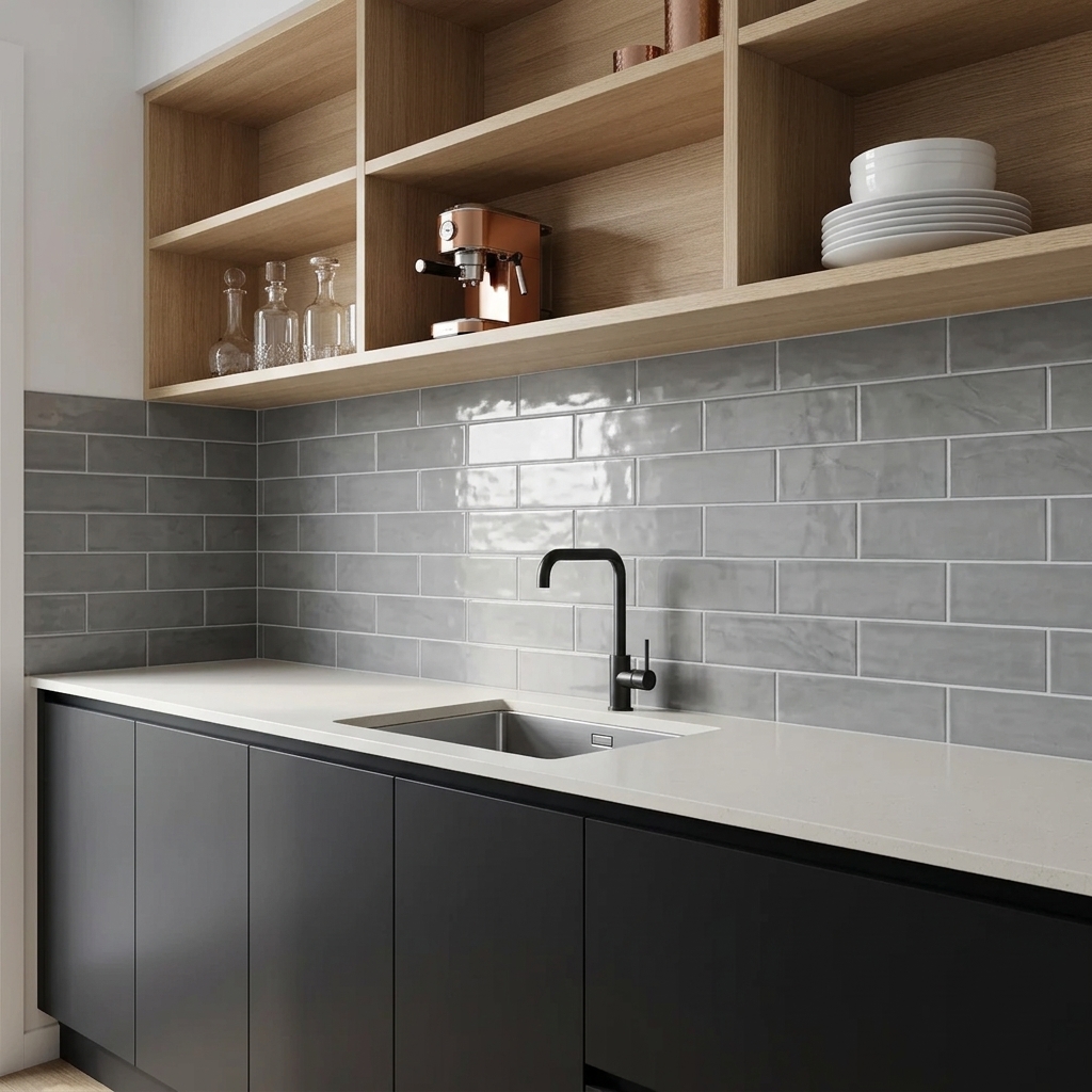 Coastline Subway Shadow gloss ceramic tile, installed in a room
