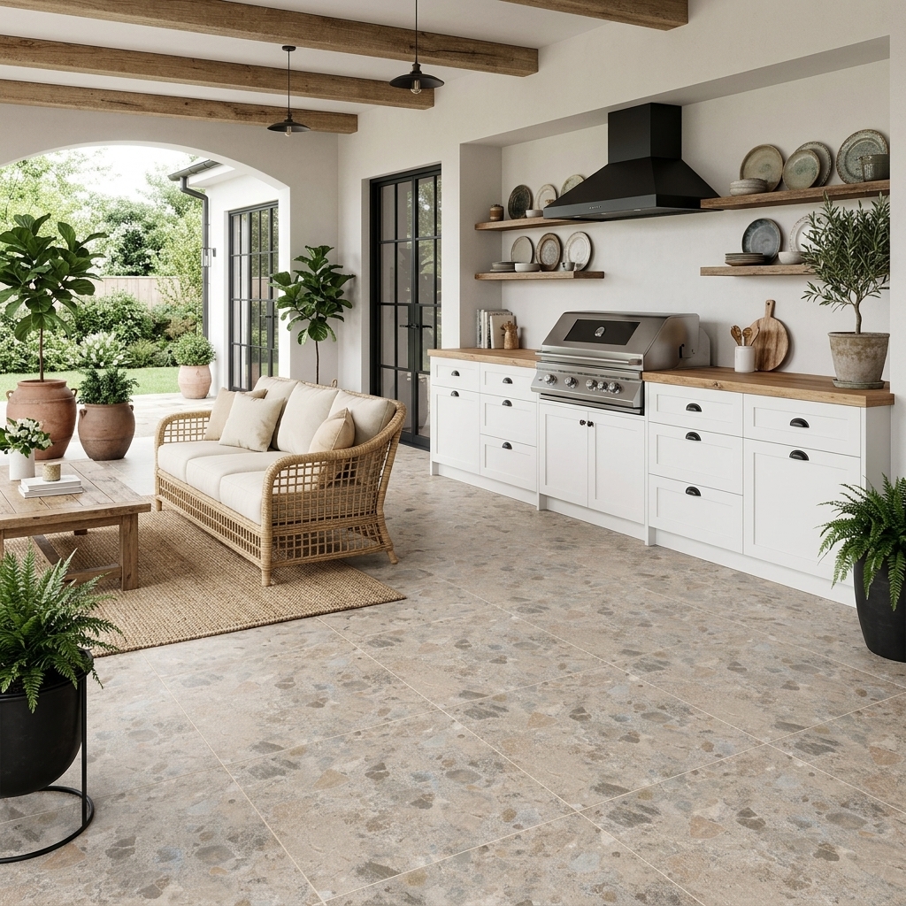 Strata 60 Grip Earth grip porcelain tile, installed in a room
