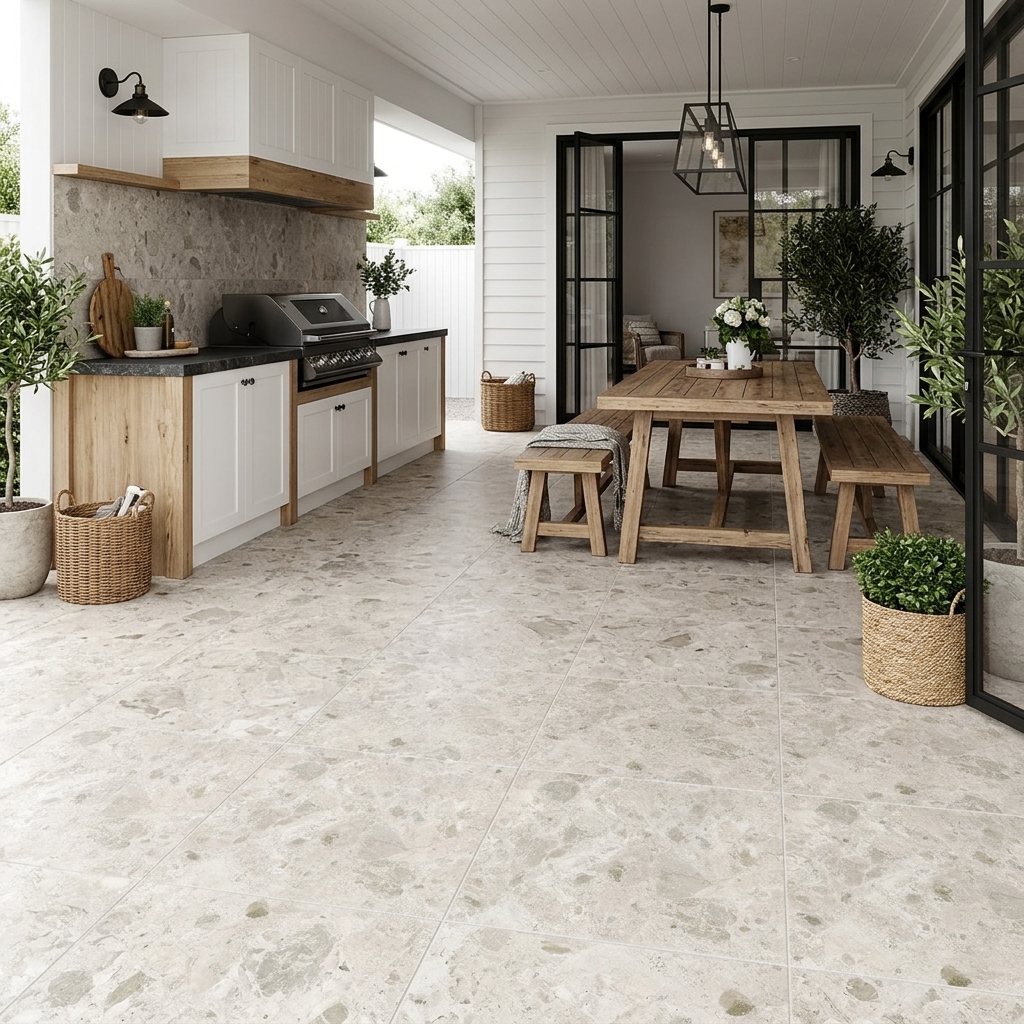 Strata 60 Grip Off White grip porcelain tile, installed in a room