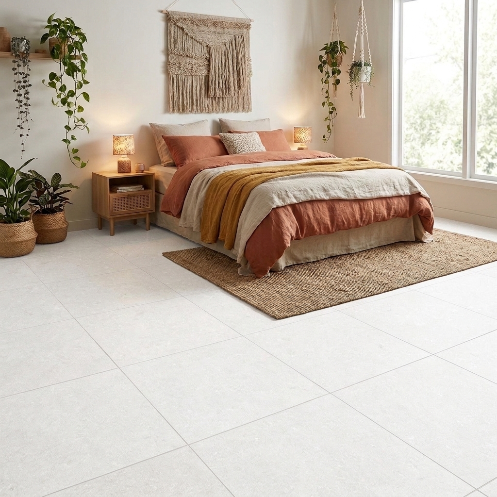 Esplanade 60 Limewash matt porcelain tile, installed in a room