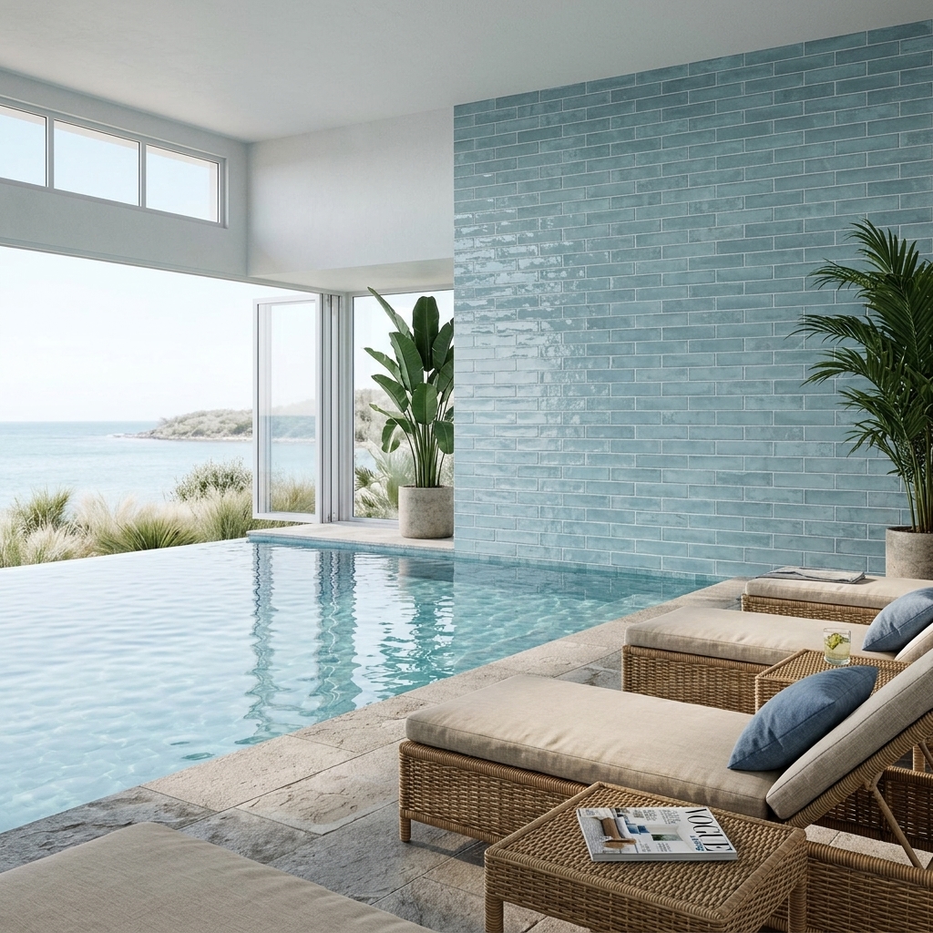 Gelato 75x300 Azzurro gloss ceramic tile, installed in a room