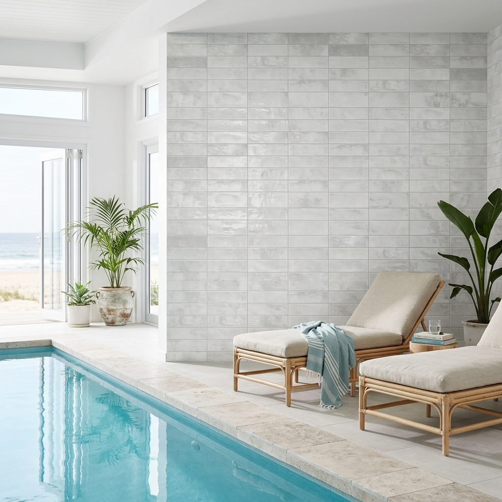 Gelato 75x300 Vaniglia gloss ceramic tile, installed in a room