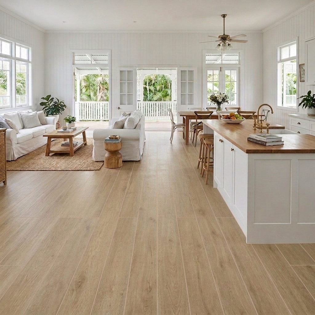 Woodstock 212 Teak matt porcelain tile, installed in a room