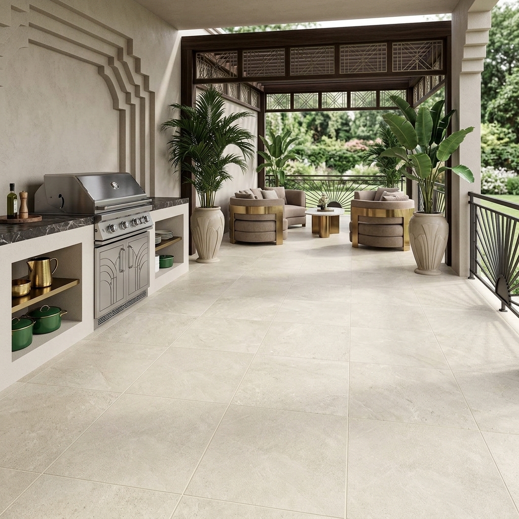 Cinerea 60 Sabbia matt porcelain tile, installed in a room