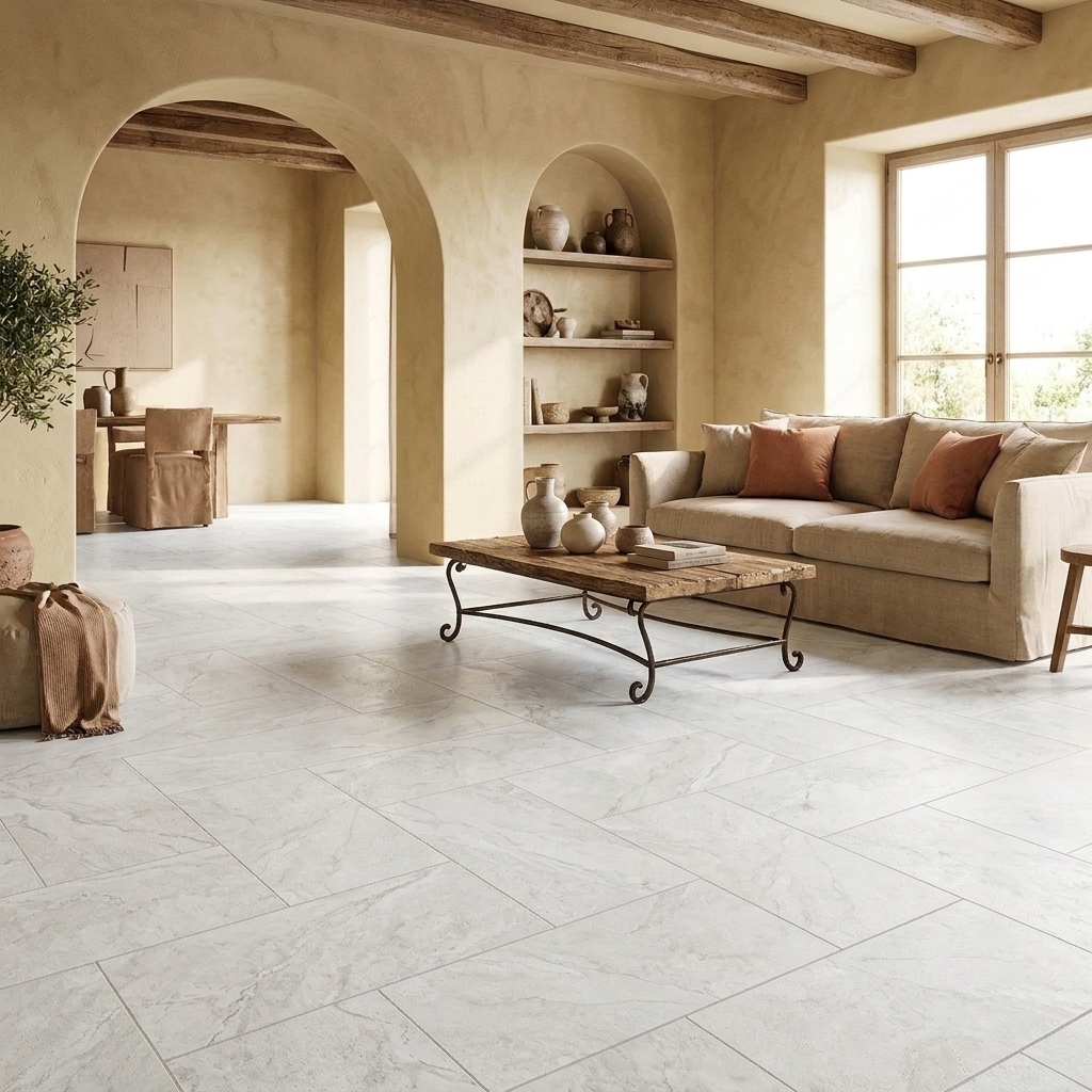 Cabarita 36 Chalk matt porcelain tile, installed in a room