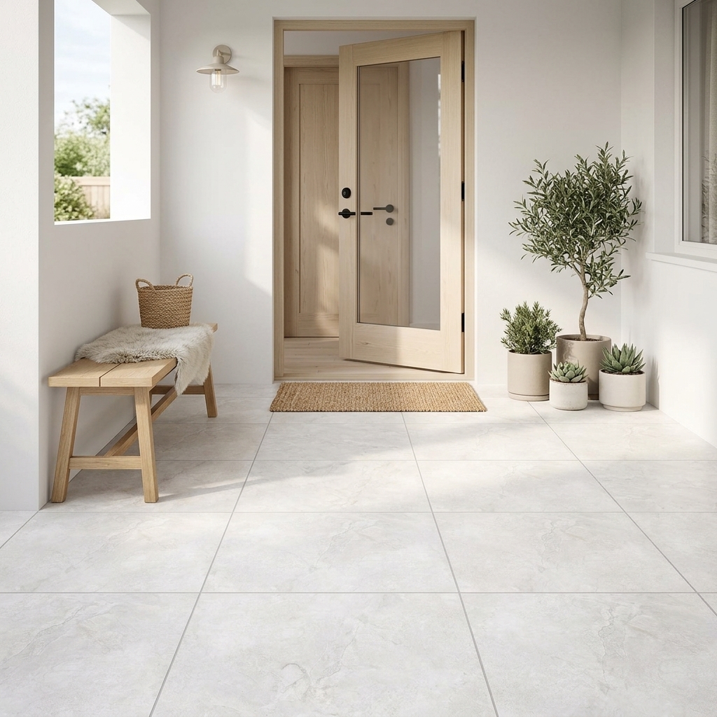 Cabarita 60 Chalk matt porcelain tile, installed in a room