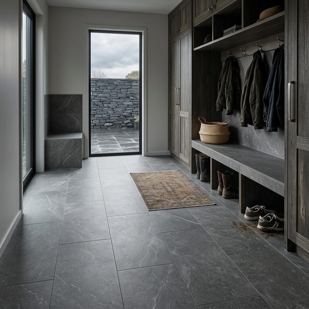 Estella 36 Obsidian Amber amber (smooth) / matt in-out (textured) porcelain tile, installed in a room