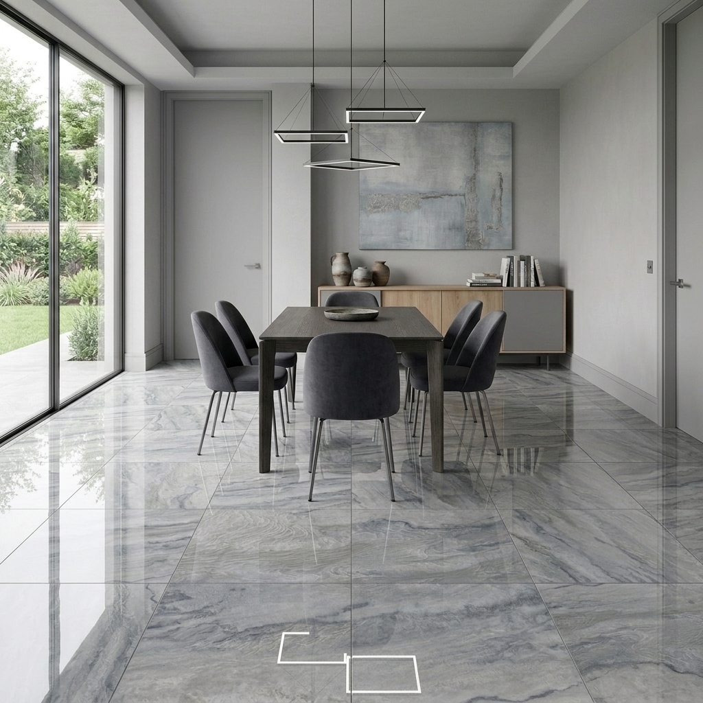 Lustre 60 Polished Platinum polished porcelain tile, installed in a room