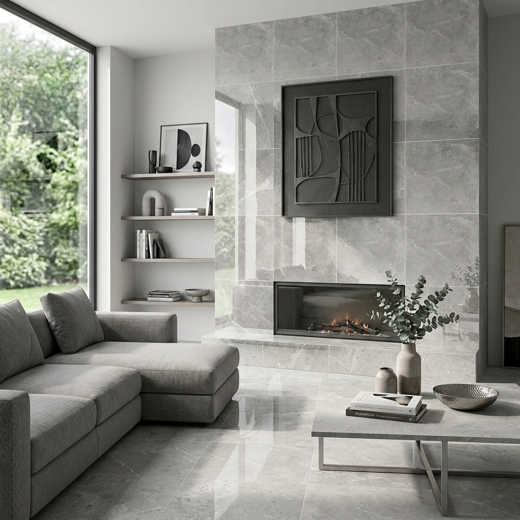 Riviera 60 Polished Almond polished porcelain tile, installed in a room