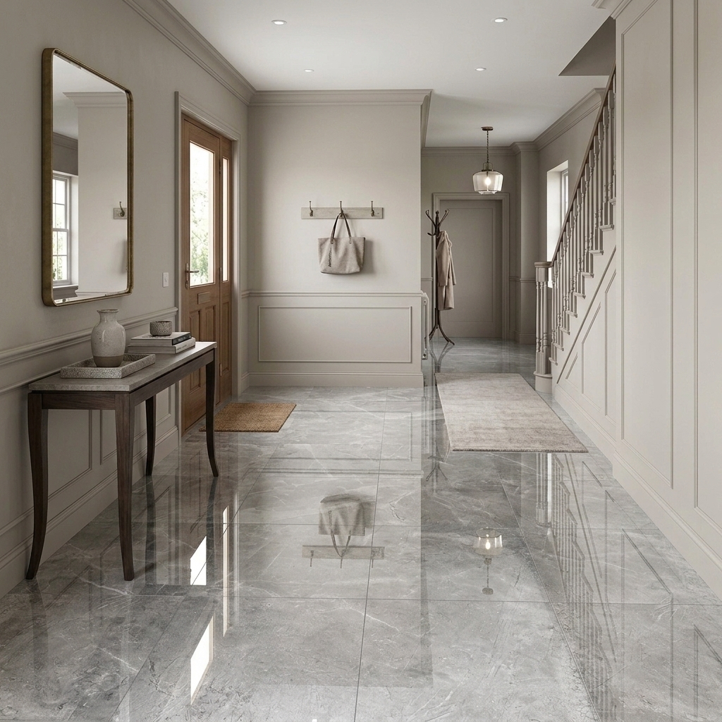 Riviera 60 Polished Oyster polished porcelain tile, installed in a room
