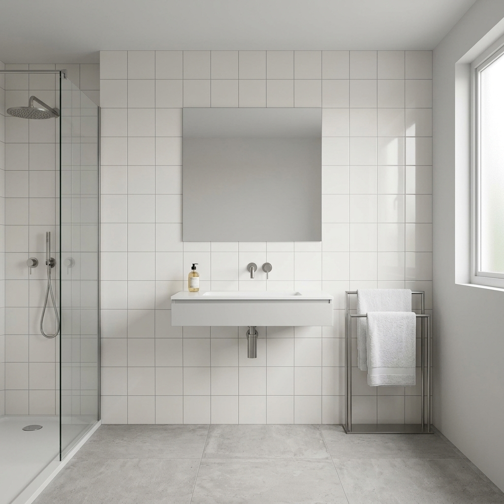 Aspect 200x200 Gloss White Pressed gloss ceramic tile, installed in a room