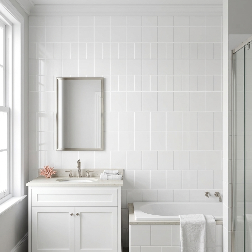 Aspect 200x300 Gloss White Pressed gloss ceramic tile, installed in a room