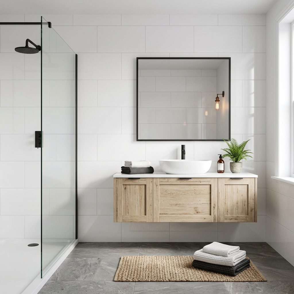 Aspect 250x400 Gloss White Pressed gloss ceramic tile, installed in a room