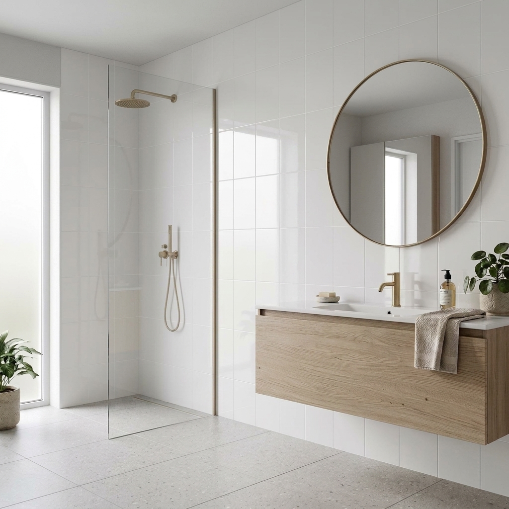 Aspect 300x450 Gloss White Pressed gloss ceramic tile, installed in a room