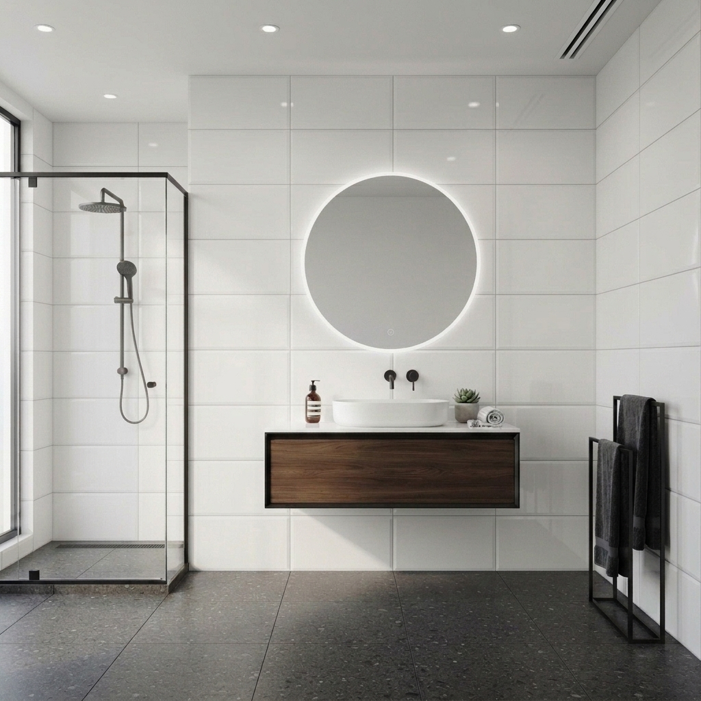 Aspect 36 Gloss Pressed White Pressed gloss ceramic tile, installed in a room