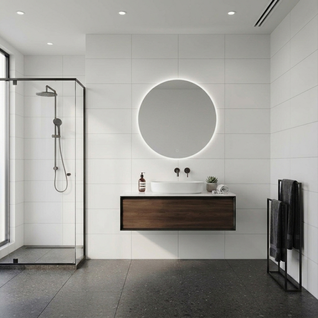 Aspect 36 Matt Pressed White Pressed matt ceramic tile, installed in a room