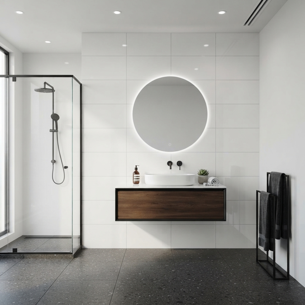 Aspect 36 Gloss Rectified White Rectified gloss ceramic tile, installed in a room