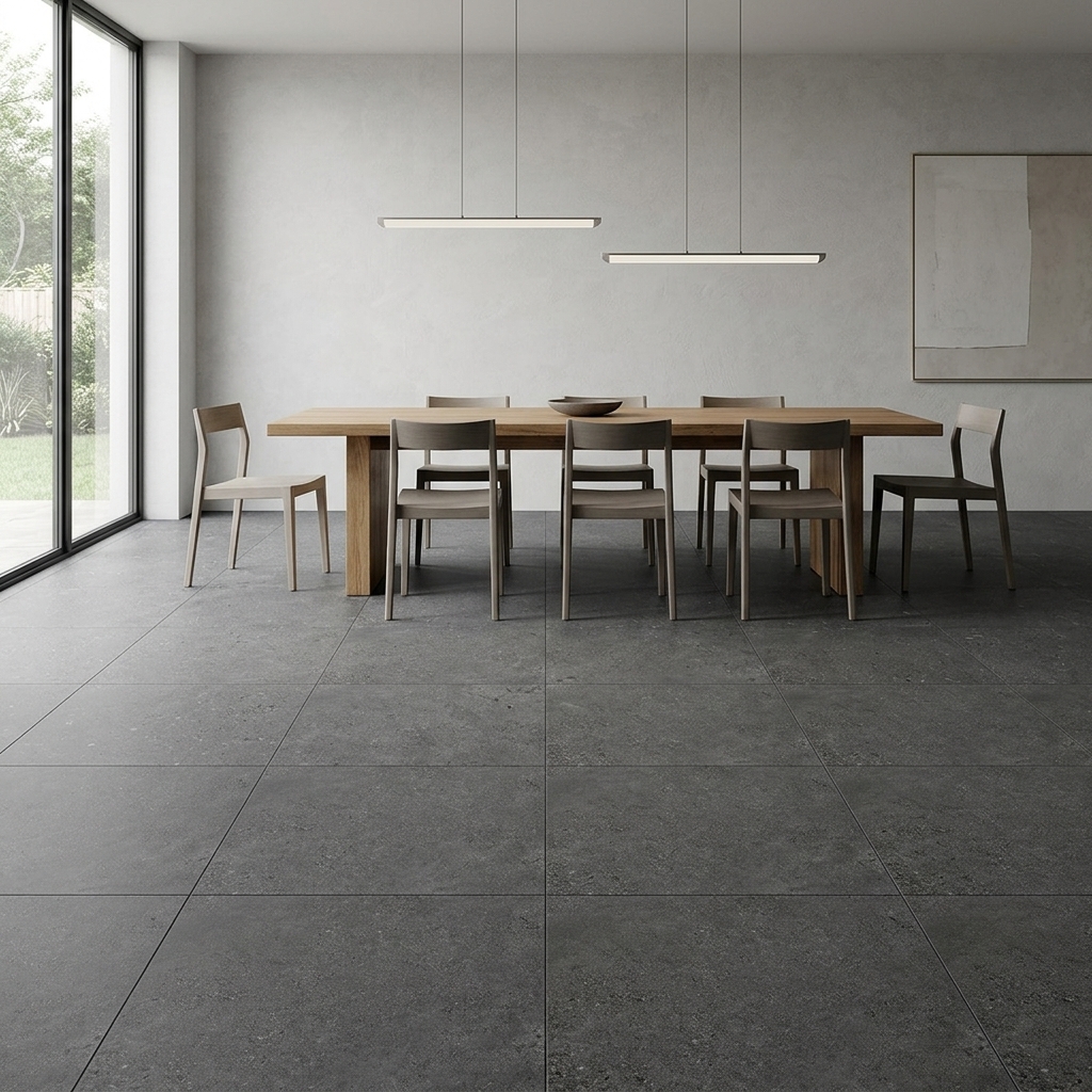 Graniglia 60 Lappato Charcoal lappato porcelain tile, installed in a room