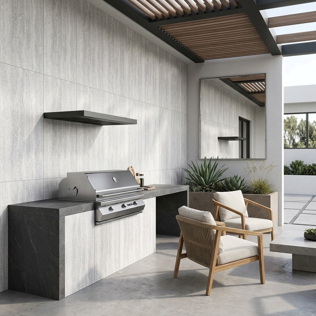 Colonnade 612 Alabaster Vein Cut Decor matt porcelain tile, installed in a room