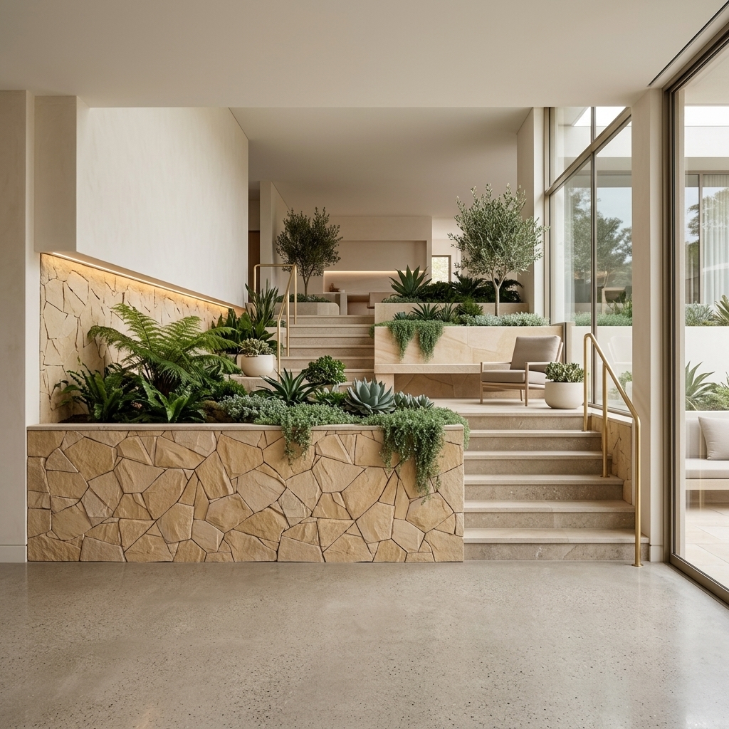 Alpine Sandstone natural split-face reconstituted stone veneer, installed in a room