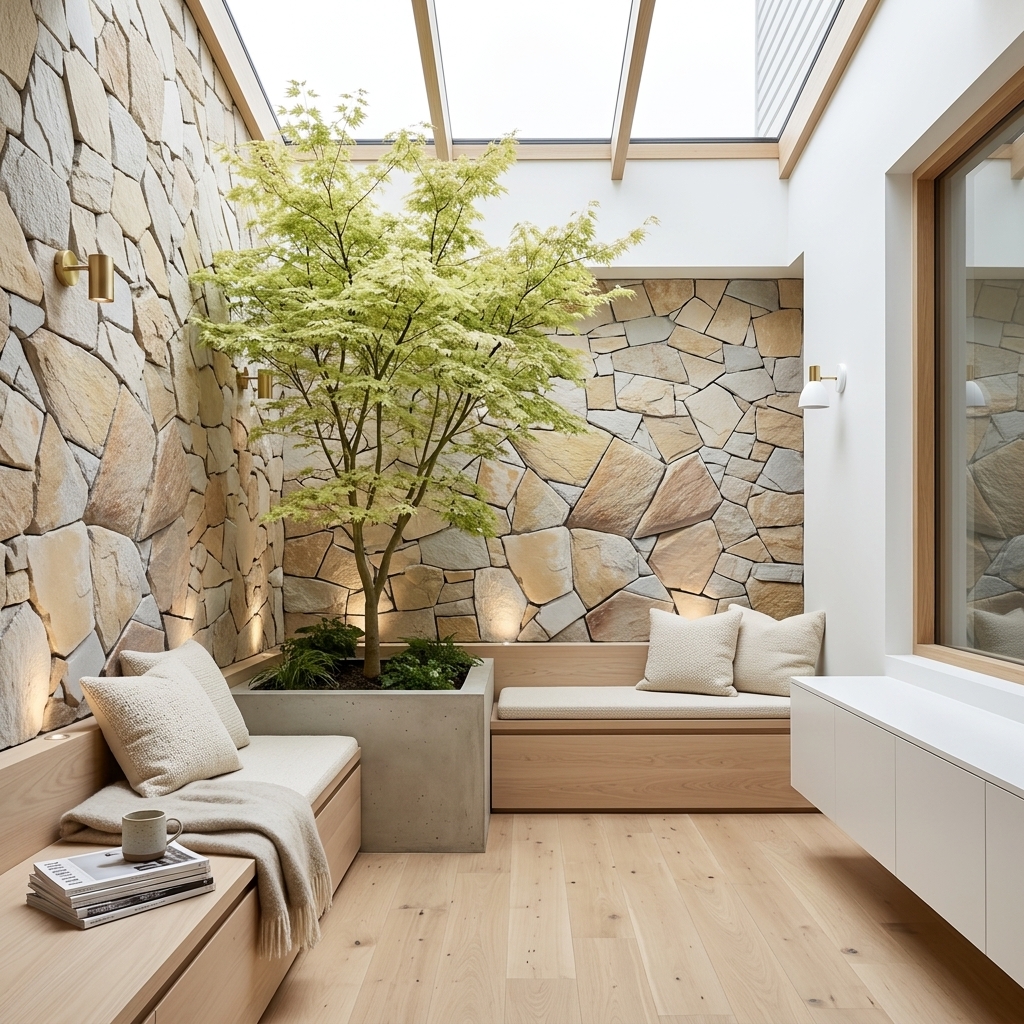 Alpine Natural Grey natural split-face reconstituted stone veneer, installed in a room