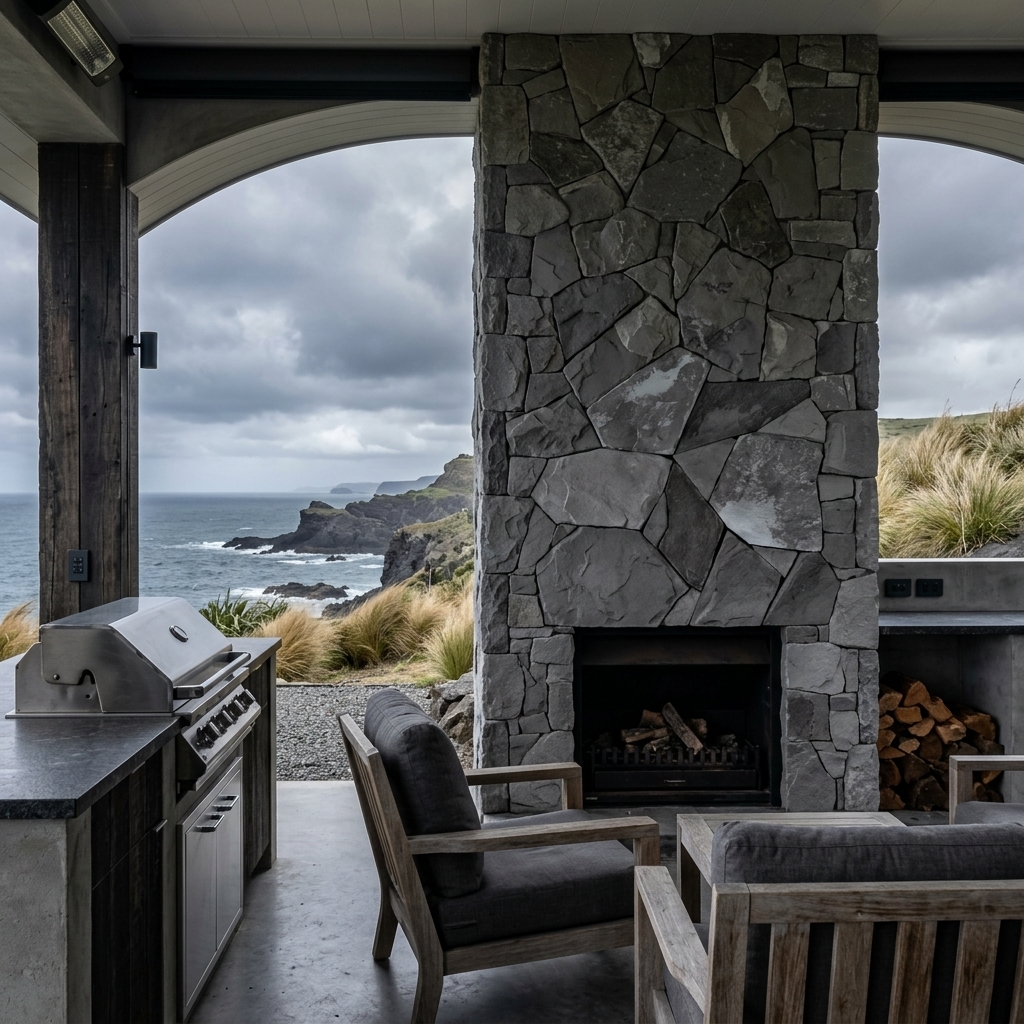 Alpine Granite natural split-face reconstituted stone veneer, installed in a room