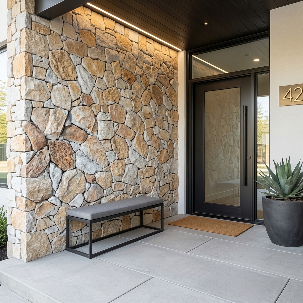 Headland Natural Grey natural, rugged reconstituted stone veneer, installed in a room