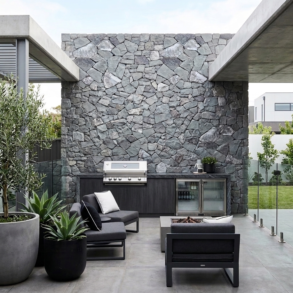Headland Granite natural, rugged reconstituted stone veneer, installed in a room
