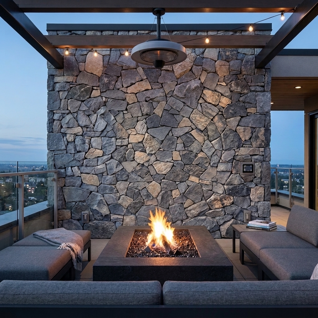 Headland Bluestone natural, rugged reconstituted stone veneer, installed in a room