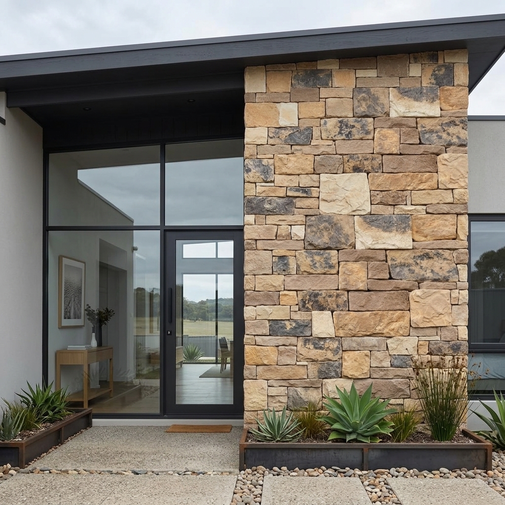 Bastion Earth stacked, split-face reconstituted stone veneer, installed in a room