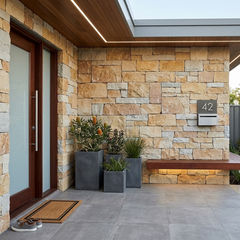 Bastion Natural Grey stacked, split-face reconstituted stone veneer, installed in a room