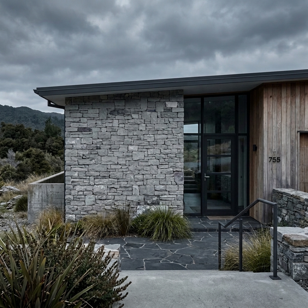 Bastion Granite stacked, split-face reconstituted stone veneer, installed in a room
