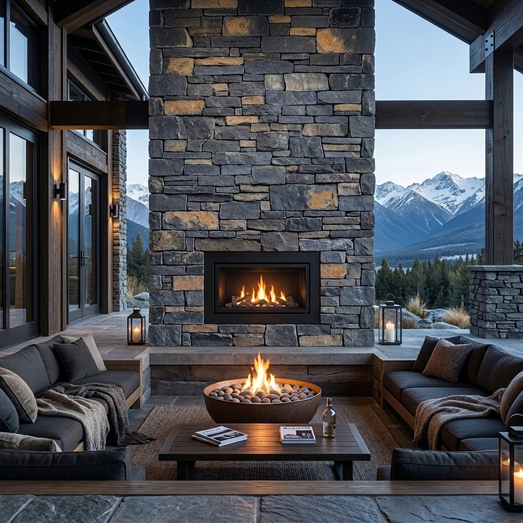 Bastion Bluestone stacked, split-face reconstituted stone veneer, installed in a room