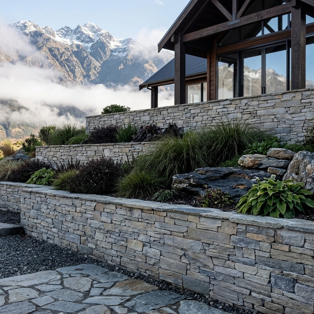Ridgeline Earth stacked, linear natural stone, installed in a room