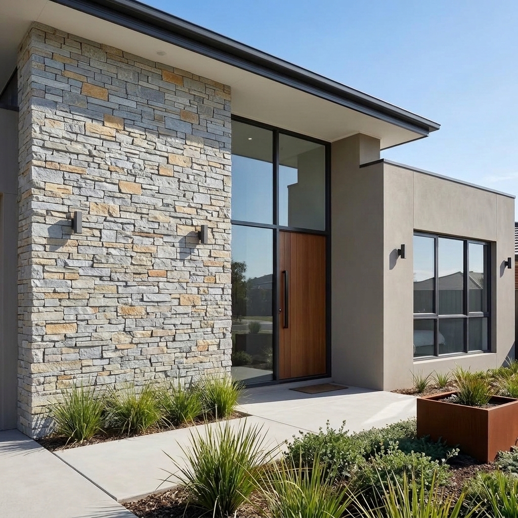 Ridgeline Natural Grey stacked, linear natural stone, installed in a room