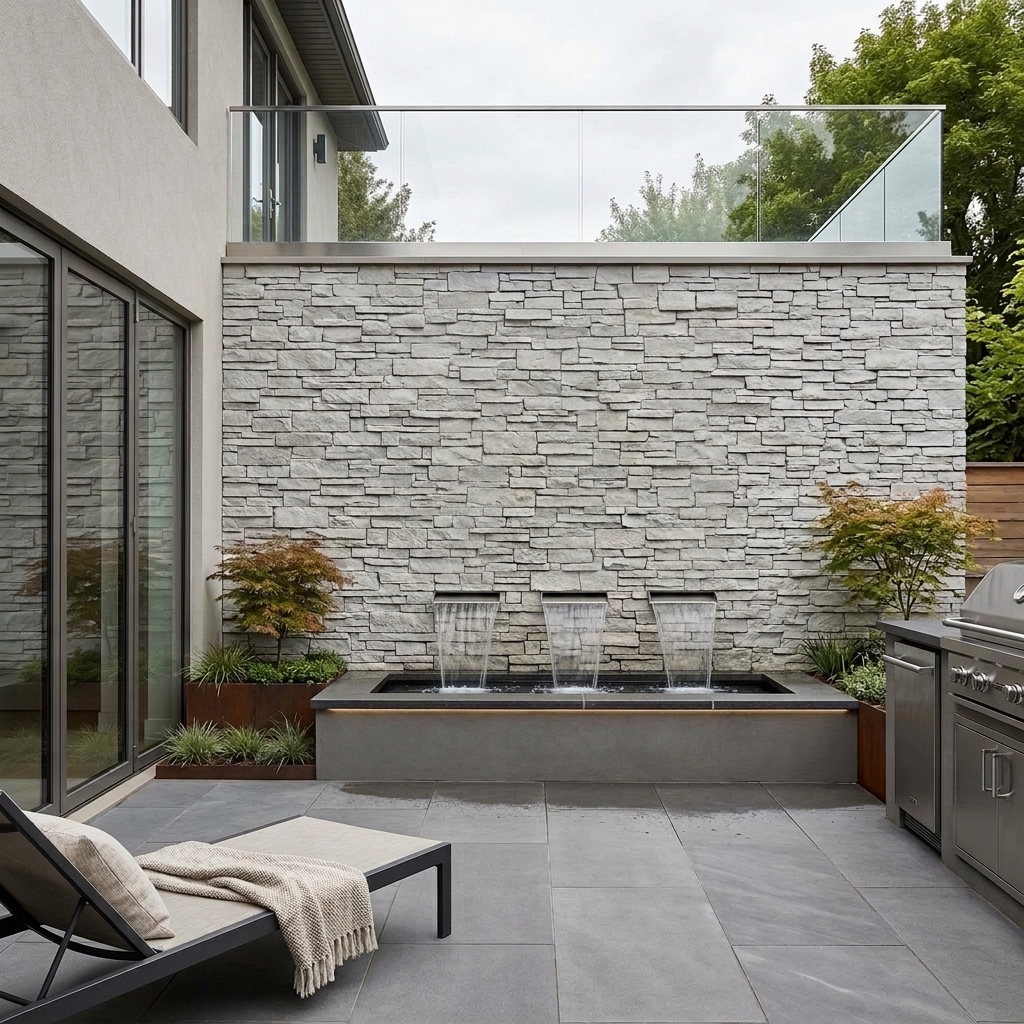 Ridgeline Granite stacked, linear natural stone, installed in a room