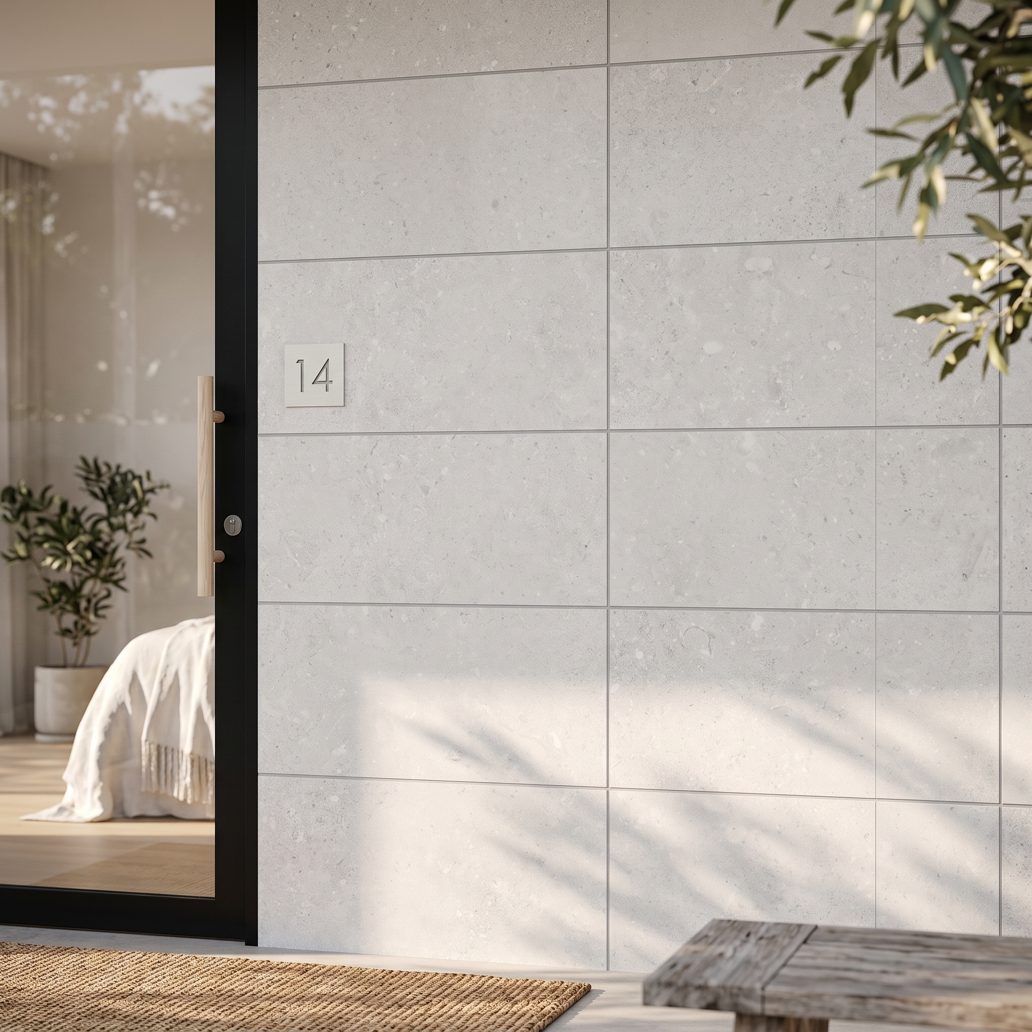 Norcia 36 Matt Silver Pearl matt porcelain tile, installed in a room