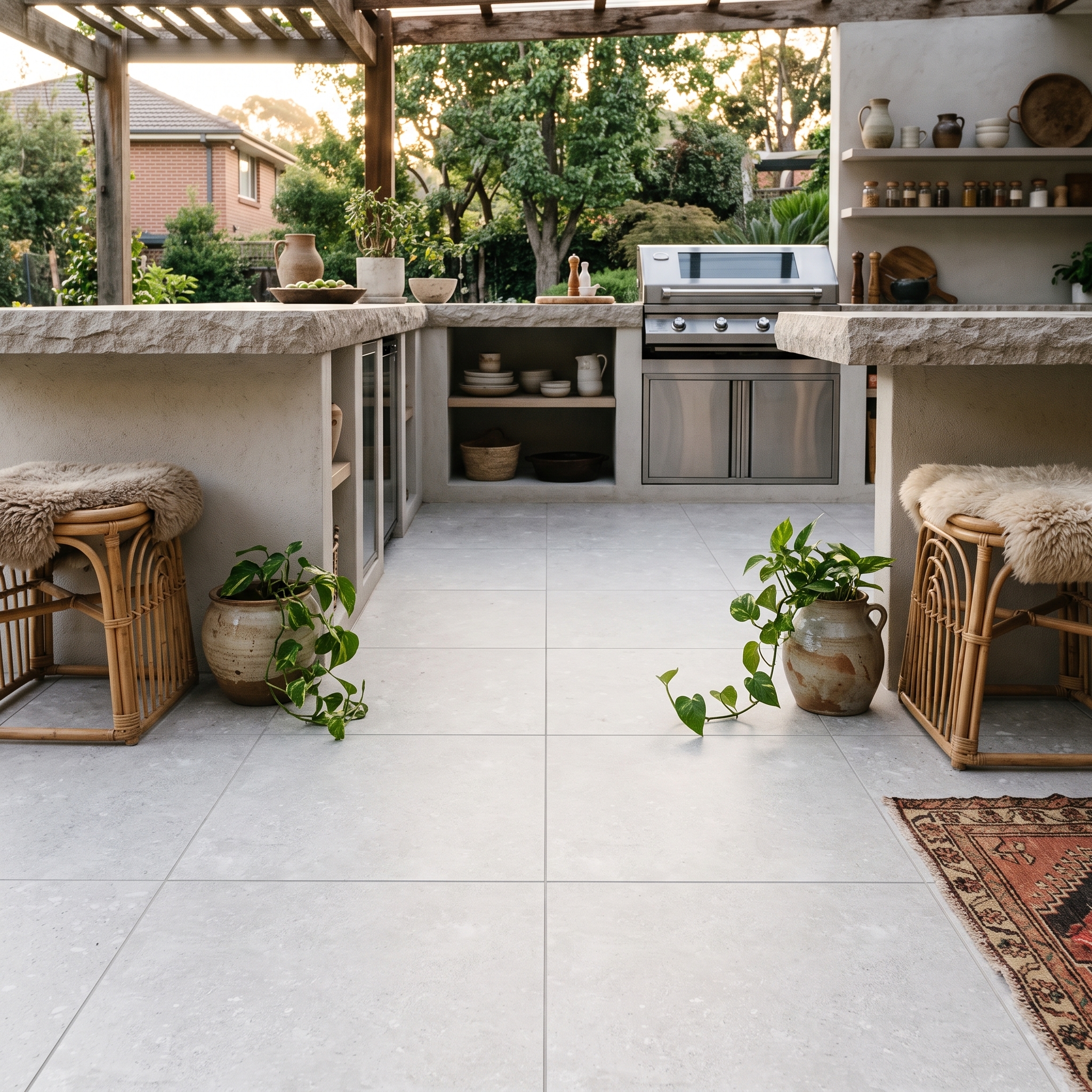 Norcia 60 External Silver Pearl external porcelain tile, installed in a room