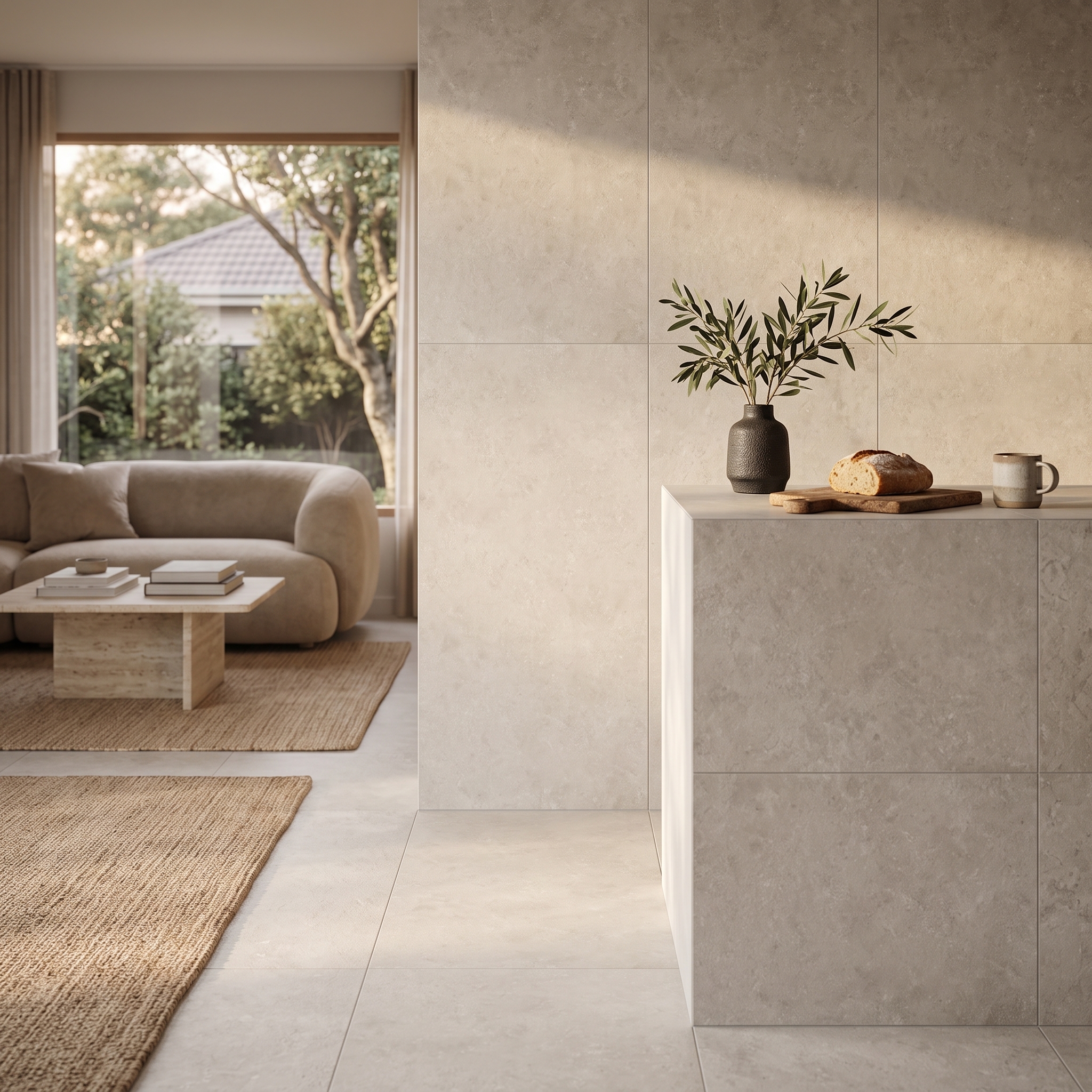 Norcia 612 Matt Bone matt porcelain tile, installed in a room