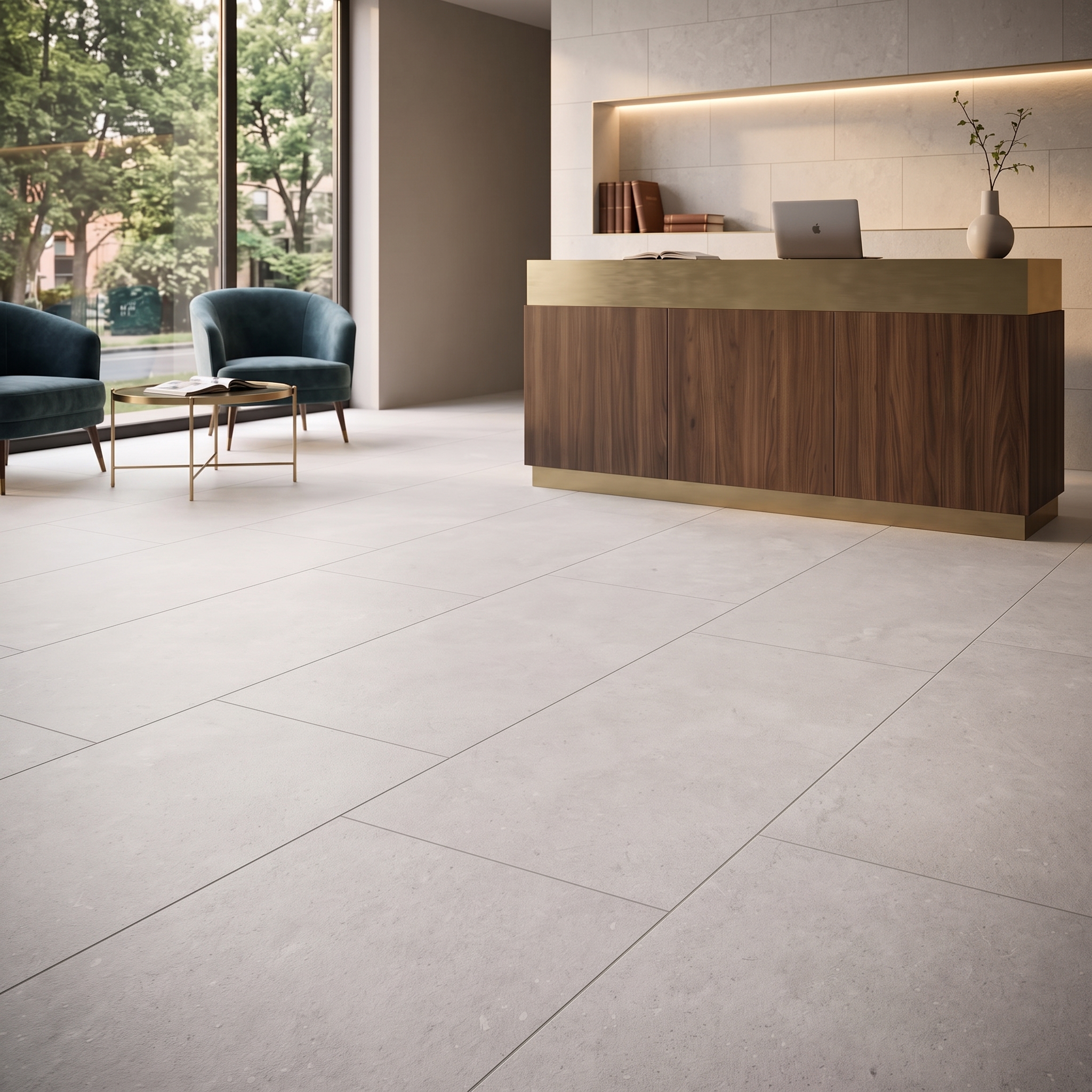 Norcia 612 Matt Silver Pearl matt porcelain tile, installed in a room