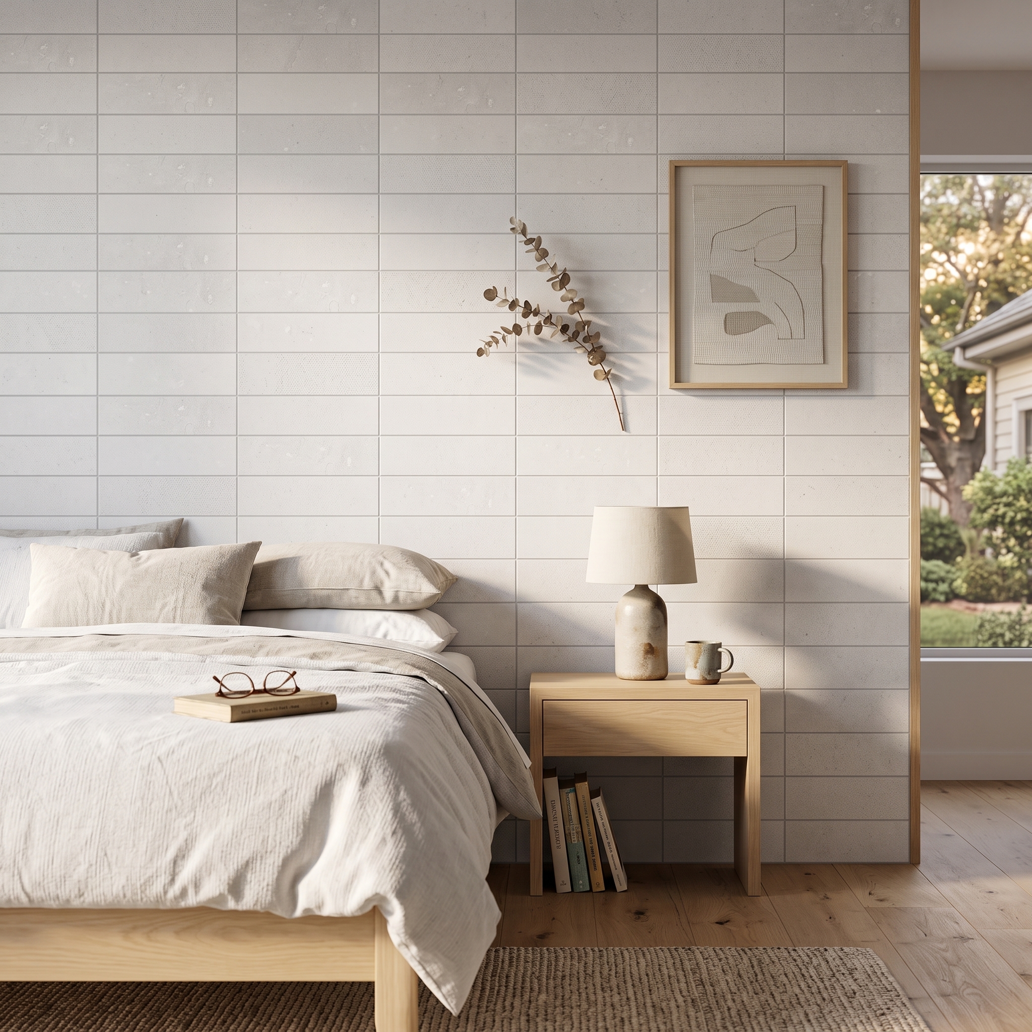 Norcia Subway Silver Pearl matt porcelain tile, installed in a room