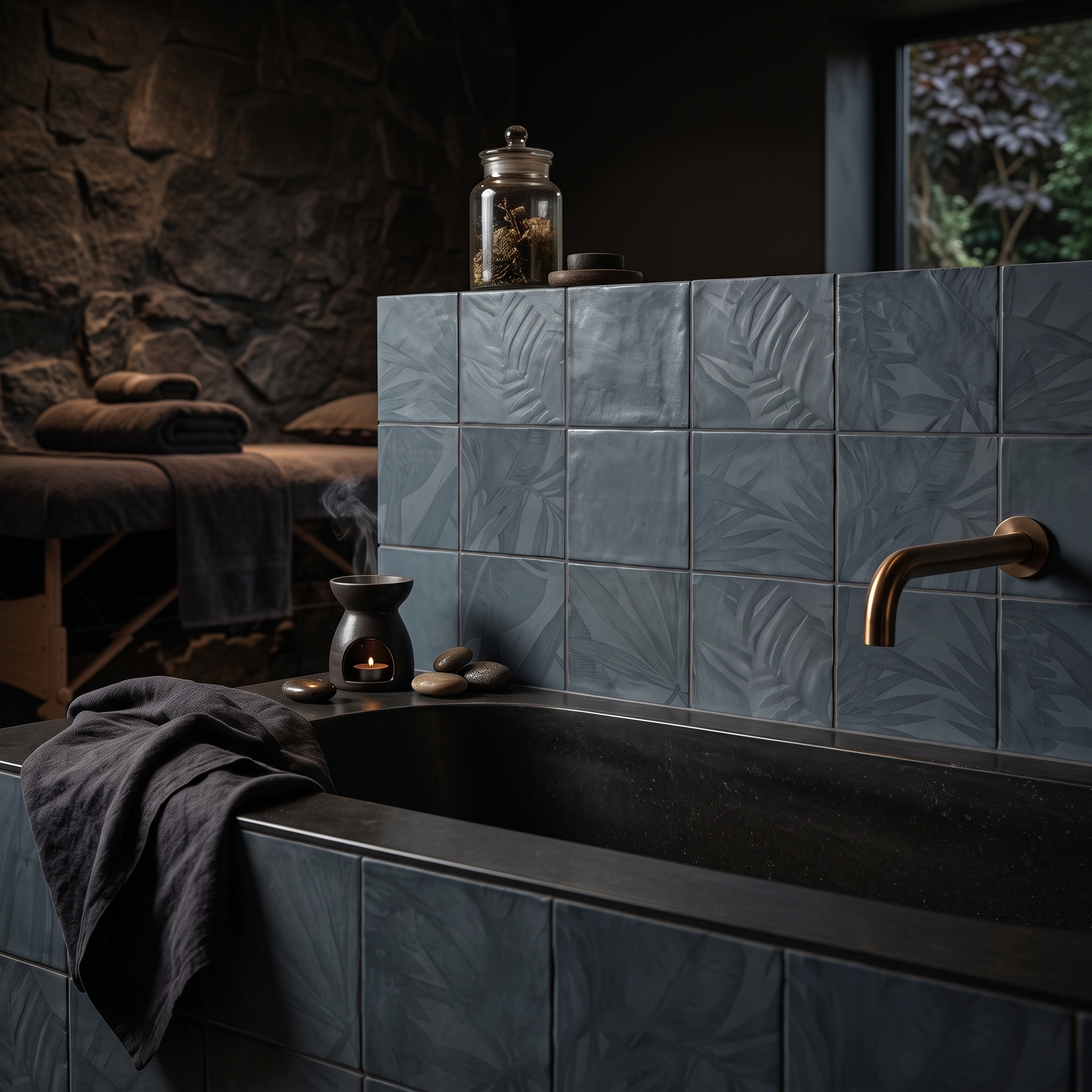 Foligno Decor Steel Blue ceramic tile, installed in a room