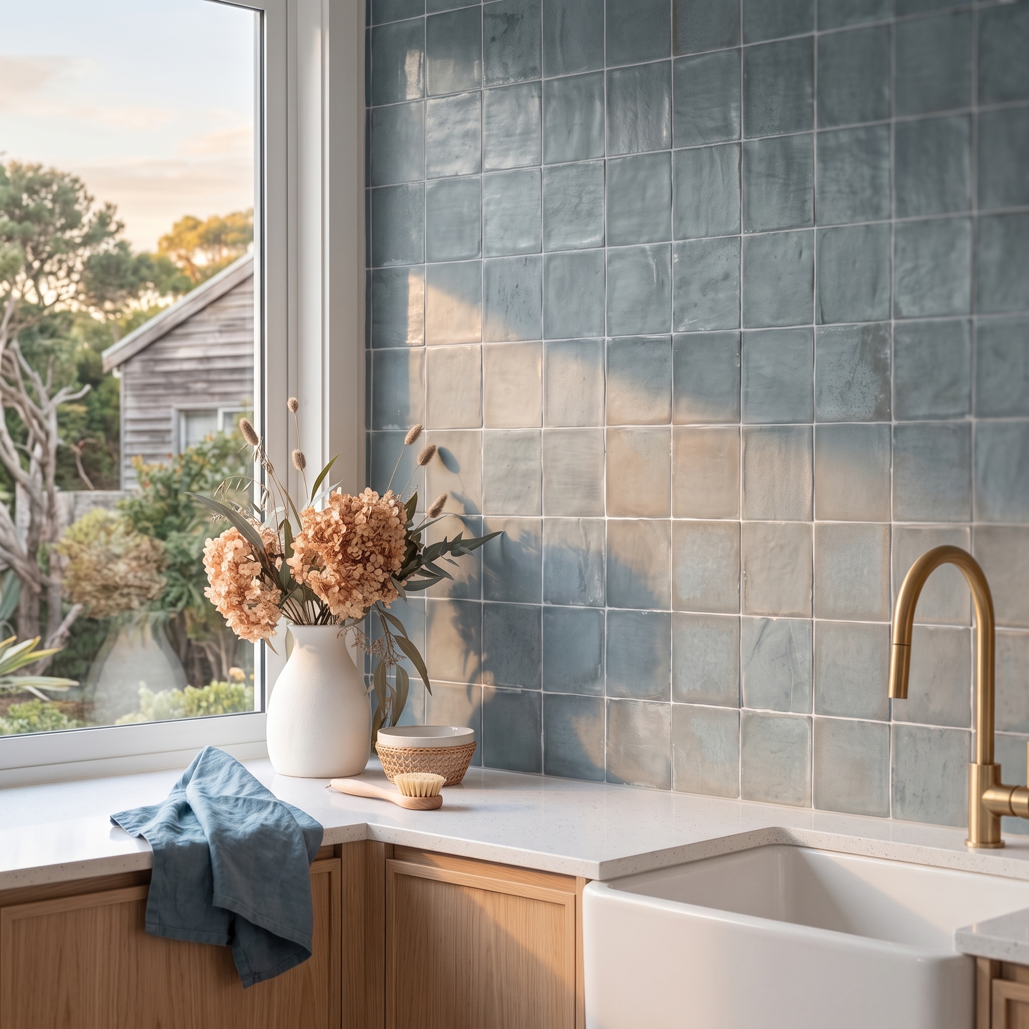 Foligno Satin Steel Blue satin ceramic tile, installed in a room
