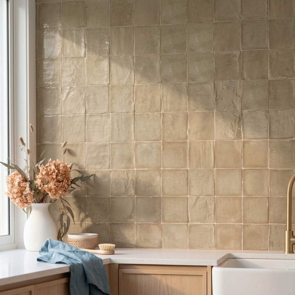 Foligno Satin Sand Bone satin ceramic tile, installed in a room